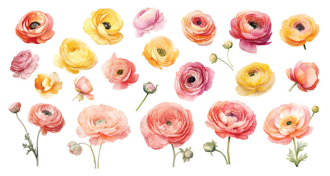 Watercolor ranunculus flowers hand drawn floral illustration set on white background