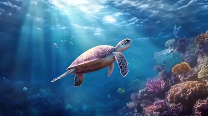 Fototapeta premium A serene underwater scene featuring a turtle swimming among coral reefs and sunlight rays.