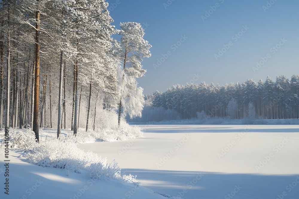 Poster a snowy winter scene with a frozen lake and a snow-covered forest in the background.