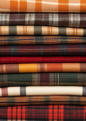 neatly stacked pile of plaid fabrics in various warm, Autumnal colors and patterns. The textiles feature a range of designs, including checkered and tartan patterns, with dominant hues of orange.