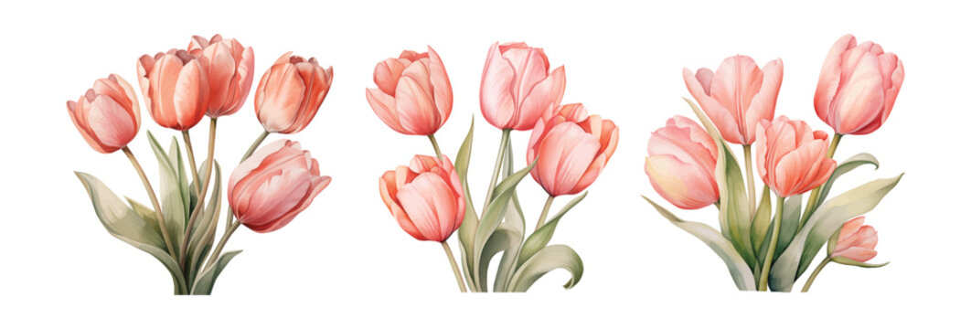 Watercolor tulip flowers hand drawn floral illustration set on white background