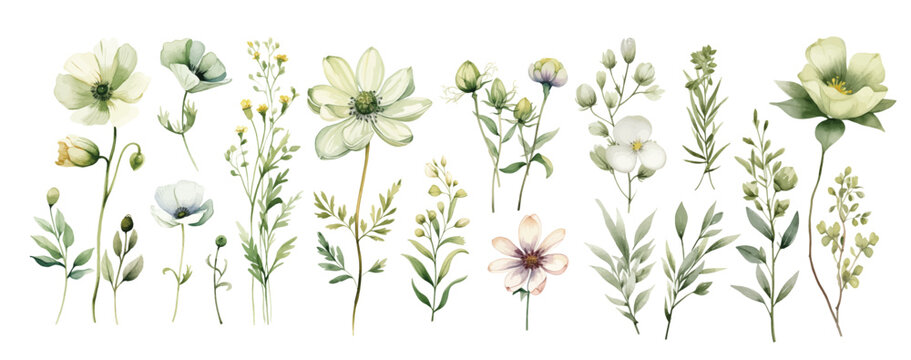 Watercolor wild flowers hand drawn floral illustration set on white background