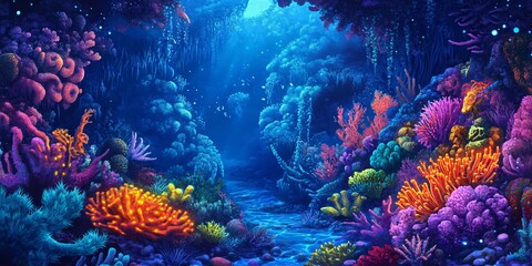 Obraz premium A vibrant underwater scene with colorful coral reefs and glowing lights in the deep blue ocean.