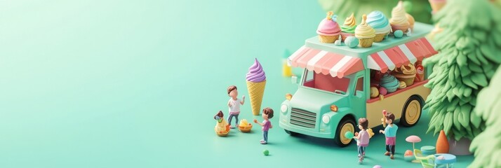 Obraz premium A colorful ice cream truck with children enjoying ice cream in a vibrant, playful setting.