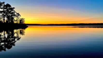 Obraz premium Serene sunset over a calm lake, reflecting vibrant colors and silhouettes of trees.