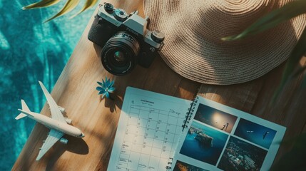 A travel-themed flat lay featuring a camera, calendar, and airplane model.