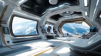 Spaceship futuristic interior with view on planet Earth. 