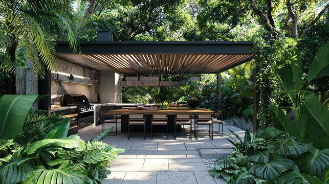 Lush green surrounds an alfresco dining area under a pergola in a modern outdoor kitchen.