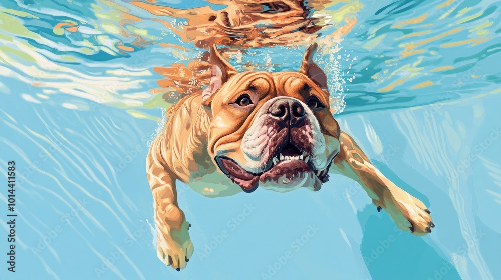 Wall mural A dog swimming underwater, capturing a playful and lively moment.