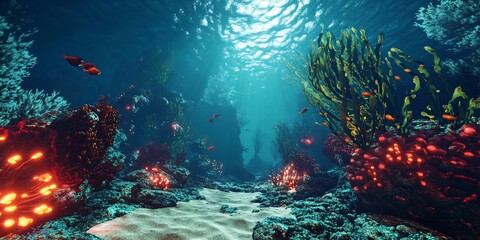 Obraz premium A vibrant underwater scene with coral reefs, seagrass, and fish illuminated by sunlight.