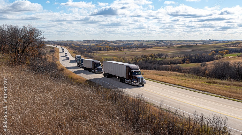 Poster A line of trucks on a highway surrounded by rolling hills and open fields.