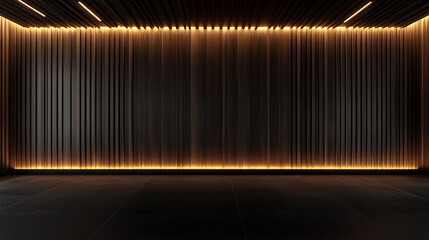 Modern Dark Wood Panel with Elegant Linear Lighting and copy-space
