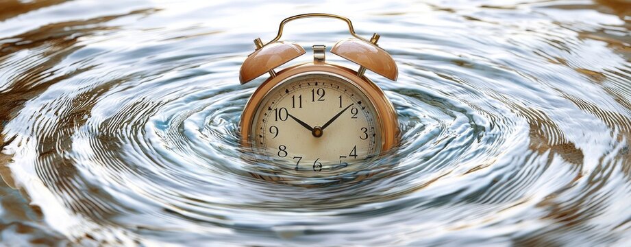 Alarm clock submerged in water creating ripples on the surface.