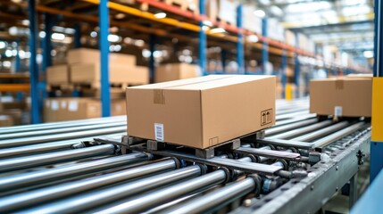 A cardboard box on a conveyor belt in a warehouse setting.