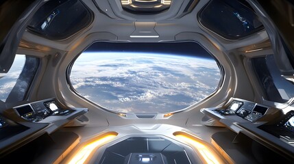 Spaceship futuristic interior with view on planet Earth. 