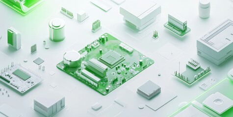 A digital illustration of a circuit board surrounded by electronic components.