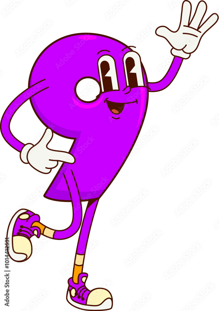 Poster math number nine cartoon groovy character. vector funky 9 personage with big eyes and smiling expres