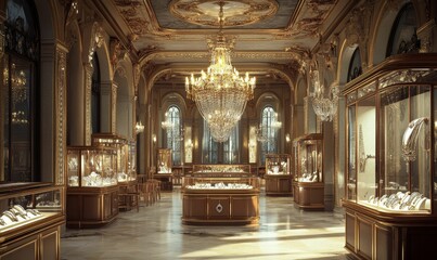 Obraz premium Ornate jewelry store interior with display cases.