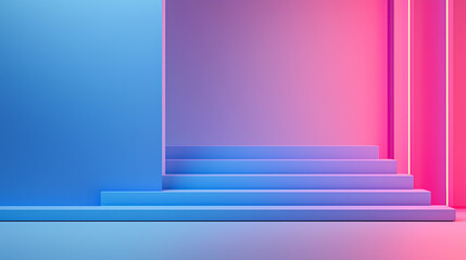 A blue and pink room with a staircase leading up to a pink wall