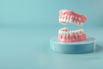 A pink and white dental model is displayed on a blue background
