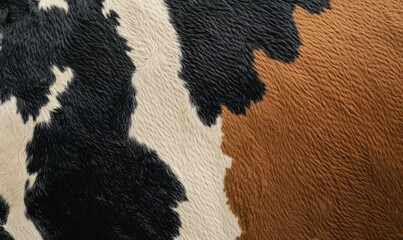 Close-up of cow hide with black, white, and brown patches.