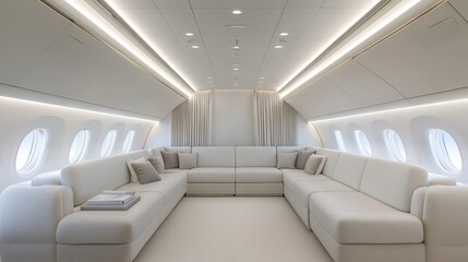 Luxury private jet interior with spacious seating and modern design.