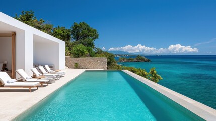 Fototapeta premium Luxury villa with infinity pool overlooking the ocean and lush greenery under a clear blue sky.