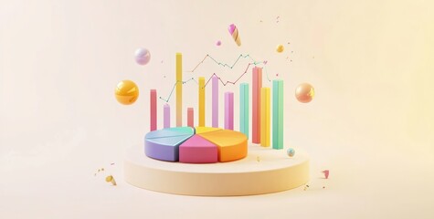 Fototapeta premium A colorful 3D representation of data with a pie chart and bar graph, illustrating analytics.