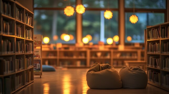 Cozy library interior with soft lighting and seating for reading and relaxation.