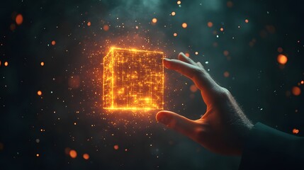 Glowing Cube Held in Hand  Abstract Technology  Digital Innovation Concept