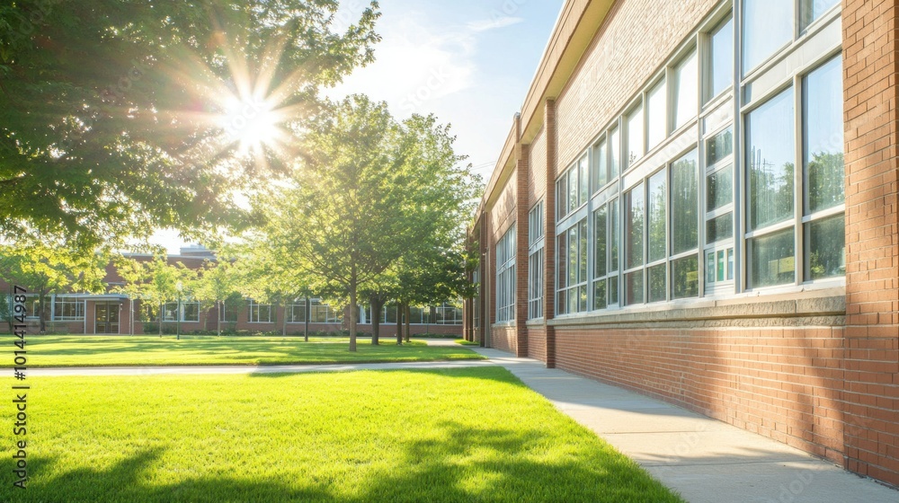 Wall mural A sunlit view of a school building surrounded by green grass and trees.