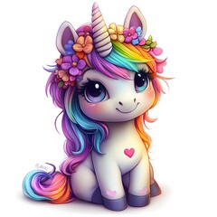 Cute Rainbow Unicorn with Flower Crown and Big Eyes Illustration