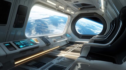 Naklejka premium Spaceship futuristic interior with view on planet Earth. 