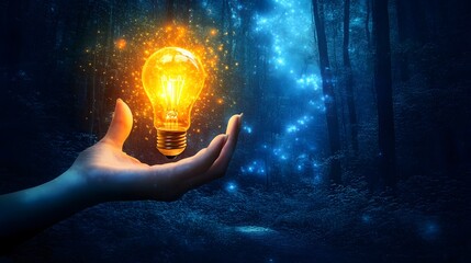 Glowing Light Bulb Held in Hand in Dark Forest