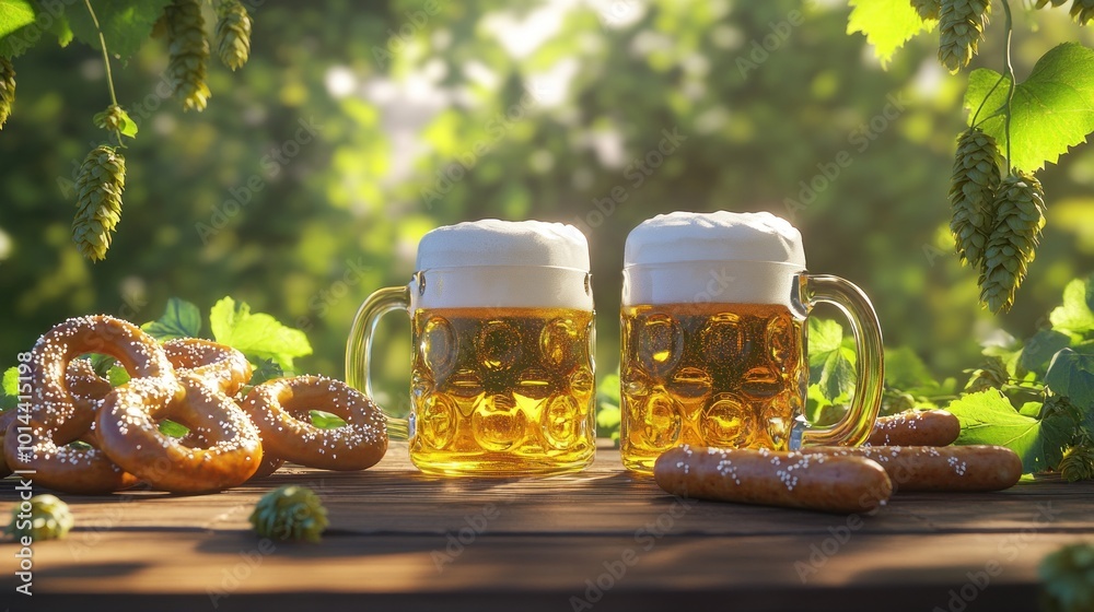 Poster Two frothy beer mugs beside pretzels in a lush, green setting.