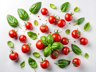 Fresh basil leaves and plump cherry tomatoes hover against a pristine white background, creating a striking visual