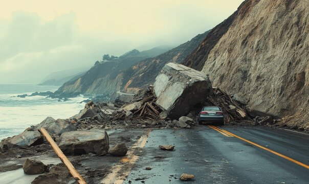 A car stopped on a road blocked by rockslide.