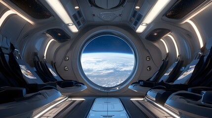 Spaceship futuristic interior with view on planet Earth. 