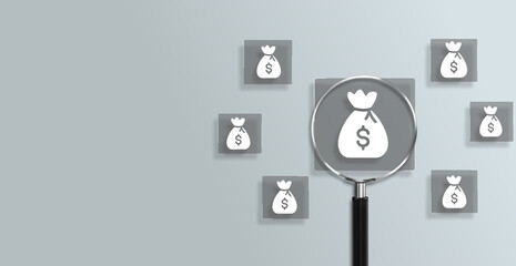 Magnifying glass focuses on icon of money bags savings and investment concept, diverse financial assets, invest money