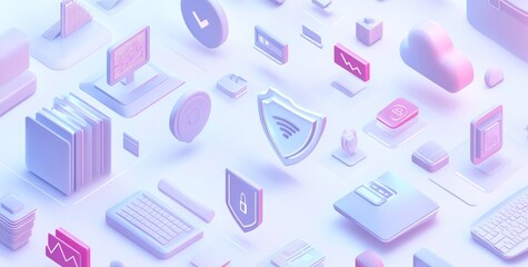 A digital illustration of various technology-related icons and devices in a modern style.