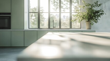 Fototapeta premium Modern Kitchen Countertop With Window View And Sunlight