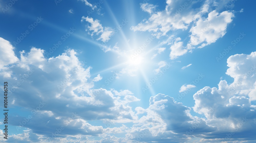 Wall mural the sun shining through a partly cloudy blue sky