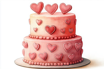 A two-tiered cake decorated with pink and red hearts, perfect for romantic occasions like weddings or anniversaries.
