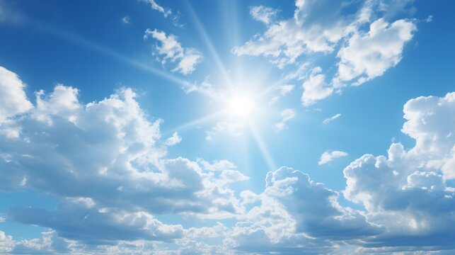 The sun shining through a partly cloudy blue sky