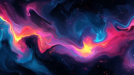 Obraz premium Abstract digital painting of swirling pink, yellow and blue paint against a dark background with tiny white, pink and orange dots.