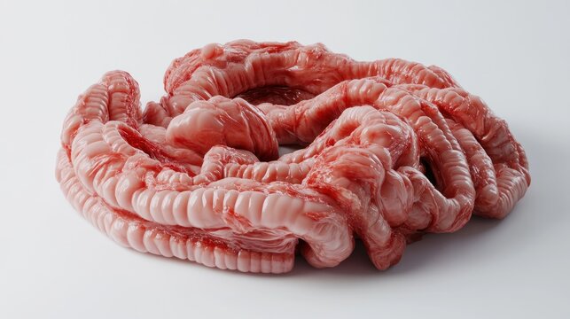 A coiled mass of raw intestines, showcasing its texture and color.