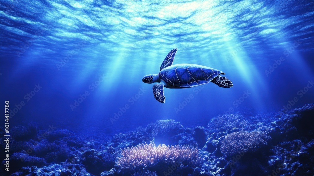 Wall mural A serene underwater scene featuring a turtle swimming above coral reefs.