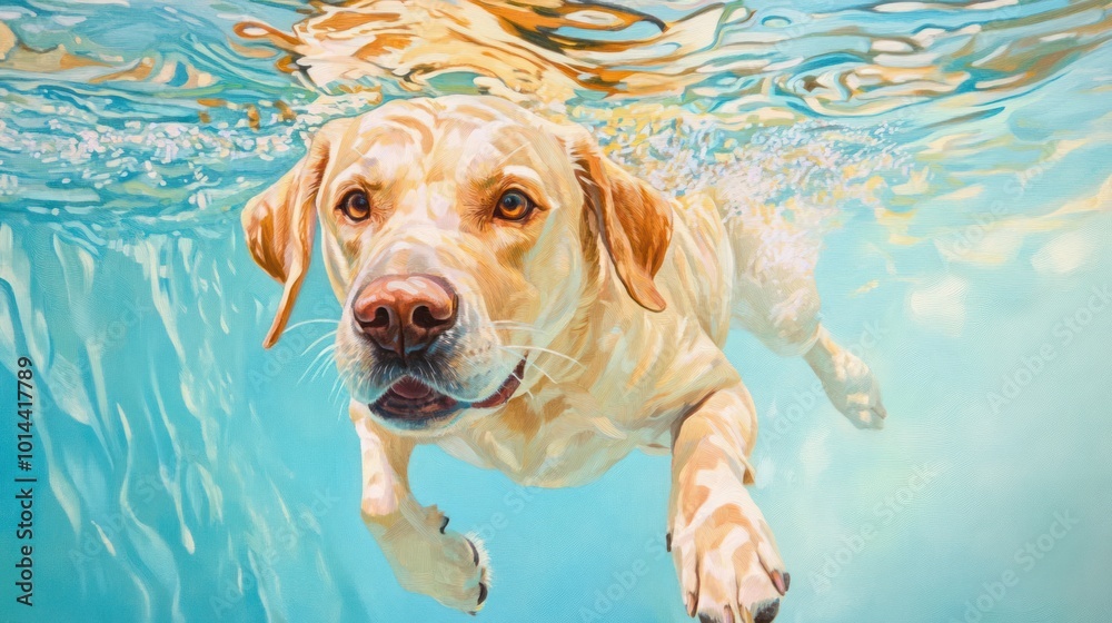 Canvas Prints A golden Labrador swimming underwater, showcasing its playful nature and love for water.