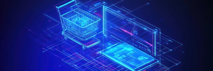A digital illustration of an online shopping concept featuring a shopping cart and computer.