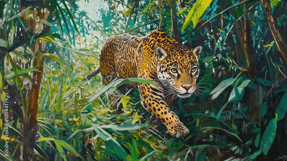 Wall mural A jaguar leaps through a lush jungle, showcasing its powerful physique and vibrant coat.